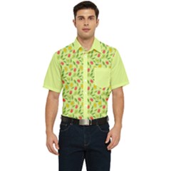 Vector Fruits Pattern, Pastel Colors, Yellow Background Men s Short Sleeve Pocket Shirt  by Casemiro