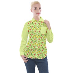 Vector Fruits Pattern, Pastel Colors, Yellow Background Women s Long Sleeve Pocket Shirt