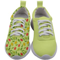 Vector Fruits Pattern, Pastel Colors, Yellow Background Kids Athletic Shoes by Casemiro