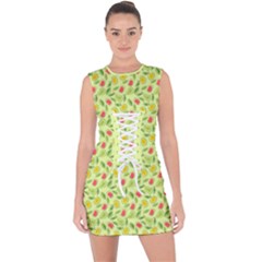 Vector Fruits Pattern, Pastel Colors, Yellow Background Lace Up Front Bodycon Dress by Casemiro