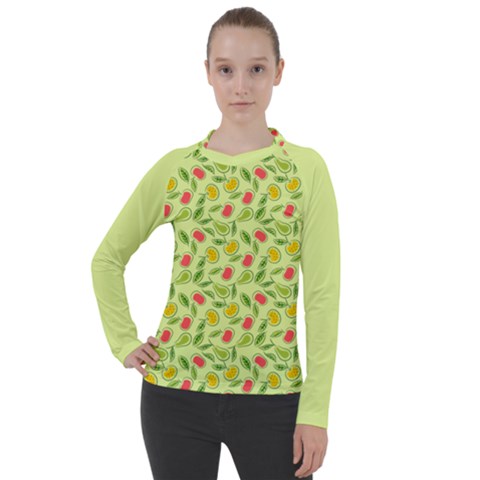 Vector Fruits Pattern, Pastel Colors, Yellow Background Women s Pique Long Sleeve Tee by Casemiro