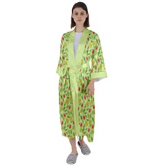 Vector Fruits Pattern, Pastel Colors, Yellow Background Maxi Satin Kimono by Casemiro