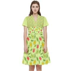 Vector Fruits Pattern, Pastel Colors, Yellow Background Short Sleeve Waist Detail Dress by Casemiro