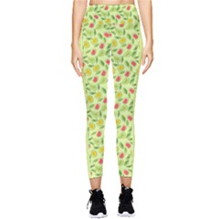 Vector Fruits Pattern, Pastel Colors, Yellow Background Pocket Leggings  by Casemiro