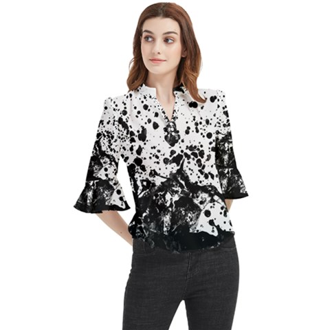 Black And White Abstract Liquid Design Loose Horn Sleeve Chiffon Blouse by dflcprintsclothing