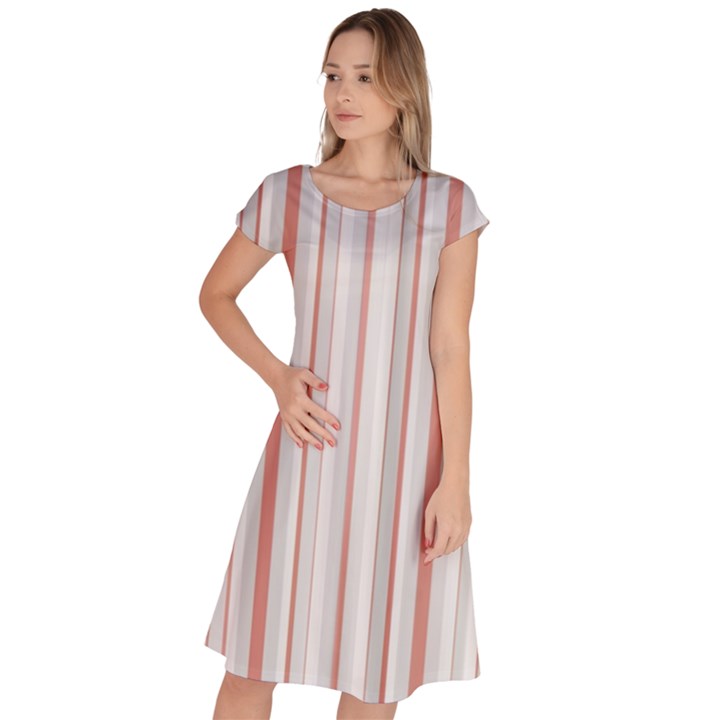 Salmon And Grey Linear Design Classic Short Sleeve Dress