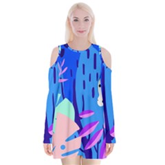 Aquatic Surface Patterns Velvet Long Sleeve Shoulder Cutout Dress