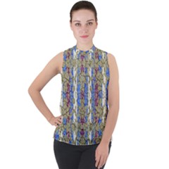 Ornament Striped Textured Colored Pattern Mock Neck Chiffon Sleeveless Top by dflcprintsclothing