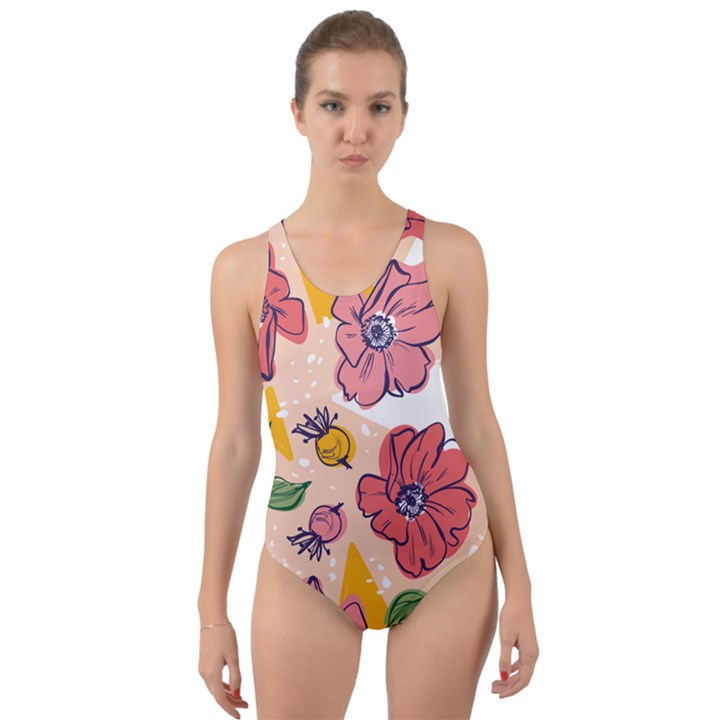 Cartoon Flowers Cut-Out Back One Piece Swimsuit