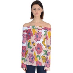 Cartoon Flowers Off Shoulder Long Sleeve Top by designsbymallika