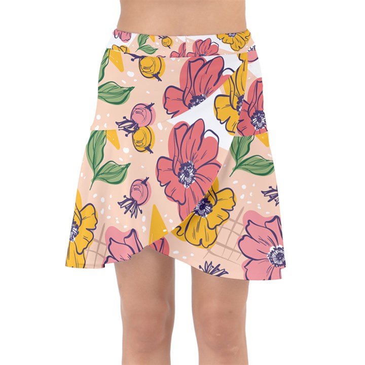 Cartoon Flowers Wrap Front Skirt