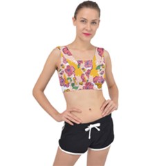 Cartoon Flowers V-back Sports Bra by designsbymallika