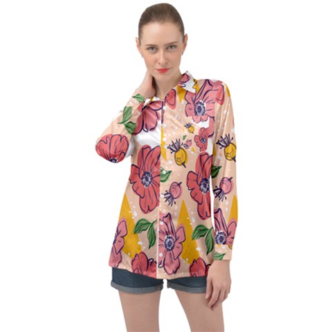 Cartoon Flowers Long Sleeve Satin Shirt by designsbymallika