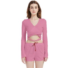 Aurora Pink Velvet Wrap Crop Top And Shorts Set by FabChoice