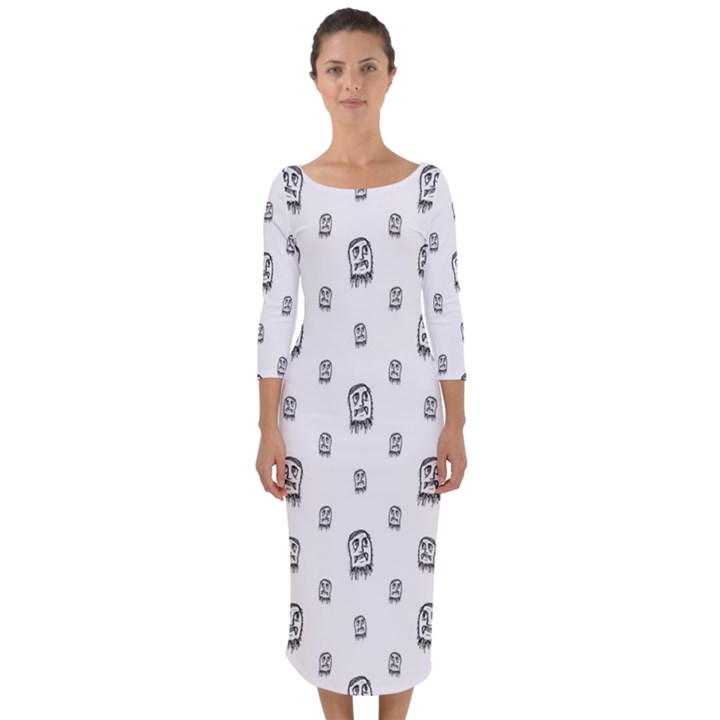 Sketchy Monster Pencil Drawing Motif Pattern Quarter Sleeve Midi Bodycon Dress