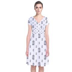 Sketchy Monster Pencil Drawing Motif Pattern Short Sleeve Front Wrap Dress