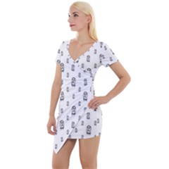 Sketchy Monster Pencil Drawing Motif Pattern Short Sleeve Asymmetric Mini Dress by dflcprintsclothing