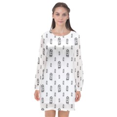 Sketchy Monster Pencil Drawing Motif Pattern Long Sleeve Chiffon Shift Dress 