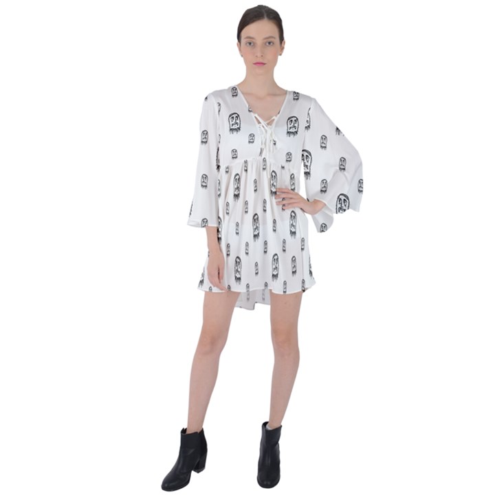 Sketchy Monster Pencil Drawing Motif Pattern V-Neck Flare Sleeve Mini Dress