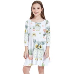 Owls On A White Background With Cacti Kids  Quarter Sleeve Skater Dress