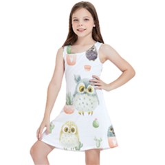 Owls On A White Background With Cacti Kids  Lightweight Sleeveless Dress