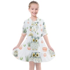 Owls On A White Background With Cacti Kids  All Frills Chiffon Dress