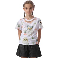 Owls On A White Background With Cacti Kids  Front Cut Tee