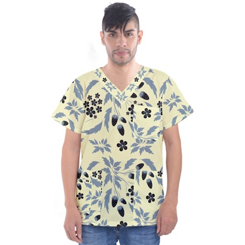 Folk Flowers Art Pattern Floral  Surface Design  Seamless Pattern Men s V-neck Scrub Top by Eskimos