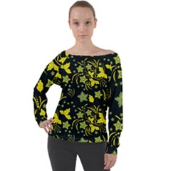 Folk Flowers Art Pattern Floral  Surface Design  Seamless Pattern Off Shoulder Long Sleeve Velour Top by Eskimos