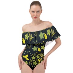 Folk Flowers Art Pattern Floral  Surface Design  Seamless Pattern Off Shoulder Velour Bodysuit  by Eskimos