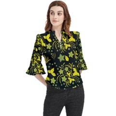 Folk Flowers Art Pattern Floral  Surface Design  Seamless Pattern Loose Horn Sleeve Chiffon Blouse