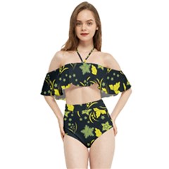 Folk Flowers Art Pattern Floral  Surface Design  Seamless Pattern Halter Flowy Bikini Set 