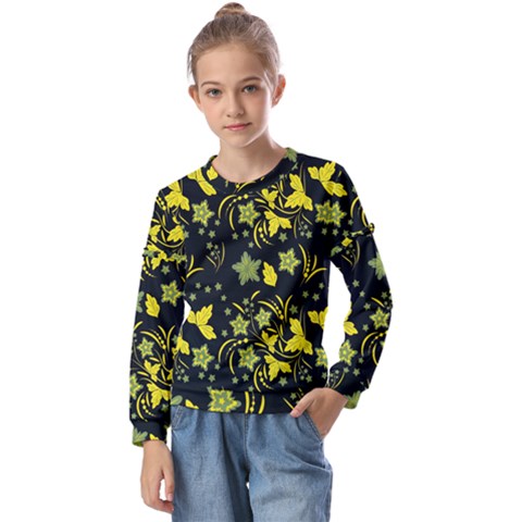 Folk Flowers Art Pattern Floral  Surface Design  Seamless Pattern Kids  Long Sleeve Tee With Frill  by Eskimos