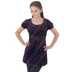 Dark Multicolored Striped Print Design Dark Multicolored Striped Print Design Puff Sleeve Tunic Top