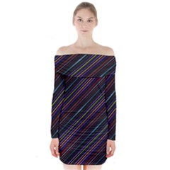 Dark Multicolored Striped Print Design Dark Multicolored Striped Print Design Long Sleeve Off Shoulder Dress by dflcprintsclothing