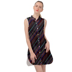 Dark Multicolored Striped Print Design Dark Multicolored Striped Print Design Sleeveless Shirt Dress by dflcprintsclothing