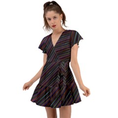 Dark Multicolored Striped Print Design Dark Multicolored Striped Print Design Flutter Sleeve Wrap Dress