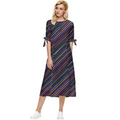 Dark Multicolored Striped Print Design Dark Multicolored Striped Print Design Bow Sleeve Chiffon Midi Dress