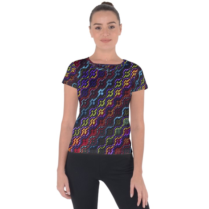 Dark Multicolored Mosaic Pattern Short Sleeve Sports Top 