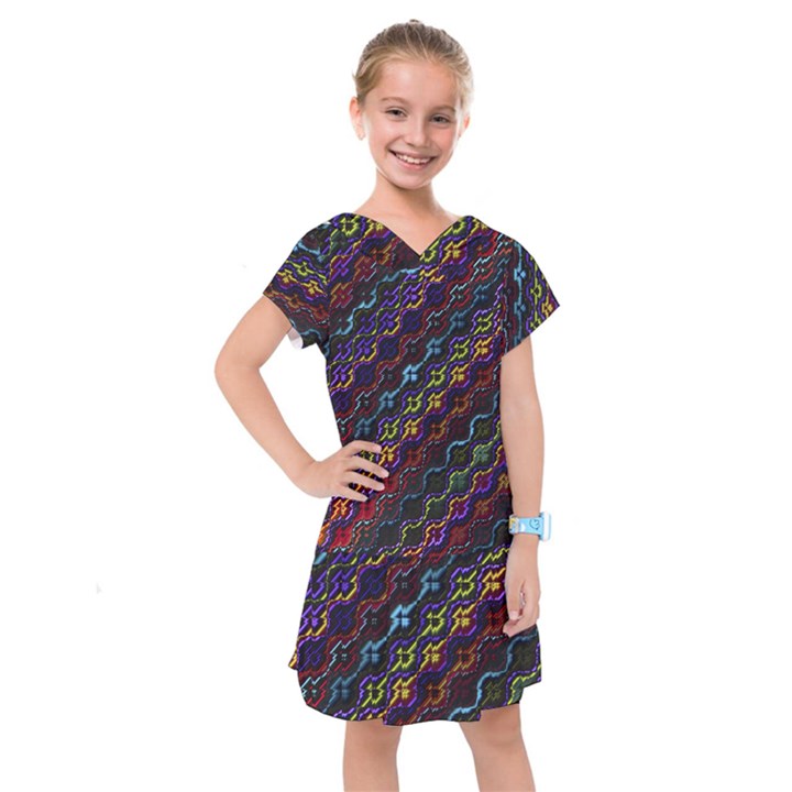 Dark Multicolored Mosaic Pattern Kids  Drop Waist Dress