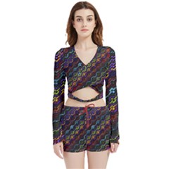 Dark Multicolored Mosaic Pattern Velvet Wrap Crop Top And Shorts Set by dflcprintsclothing