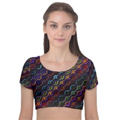 Dark Multicolored Mosaic Pattern Velvet Short Sleeve Crop Top 