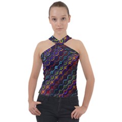 Dark Multicolored Mosaic Pattern Cross Neck Velour Top