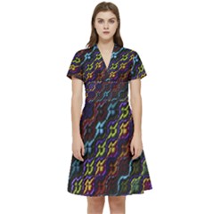 Dark Multicolored Mosaic Pattern Short Sleeve Waist Detail Dress