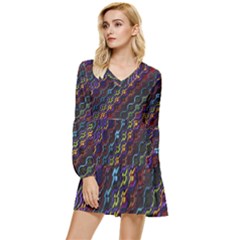 Dark Multicolored Mosaic Pattern Tiered Long Sleeve Mini Dress