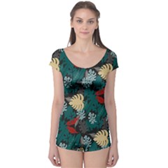 Tropical Autumn Leaves Boyleg Leotard  by tmsartbazaar