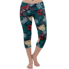 Tropical Autumn Leaves Capri Yoga Leggings by tmsartbazaar