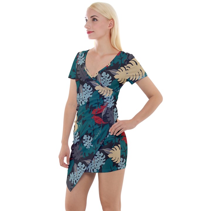 Tropical Autumn Leaves Short Sleeve Asymmetric Mini Dress