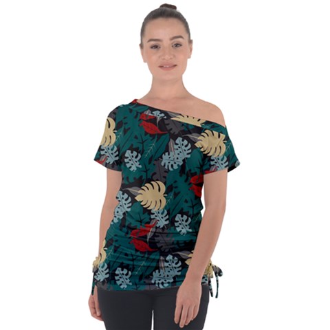 Tropical Autumn Leaves Off Shoulder Tie-up Tee by tmsartbazaar