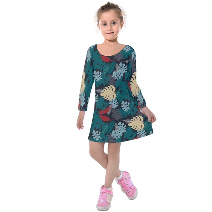 Tropical Autumn Leaves Kids  Long Sleeve Velvet Dress